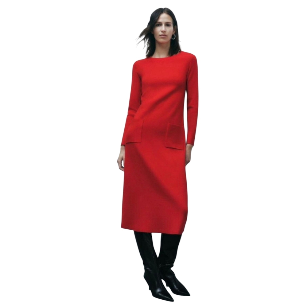 Zara Red Knit Midi Sweater Dress | M | Long Sleeve Pockets | Holiday Party Ready